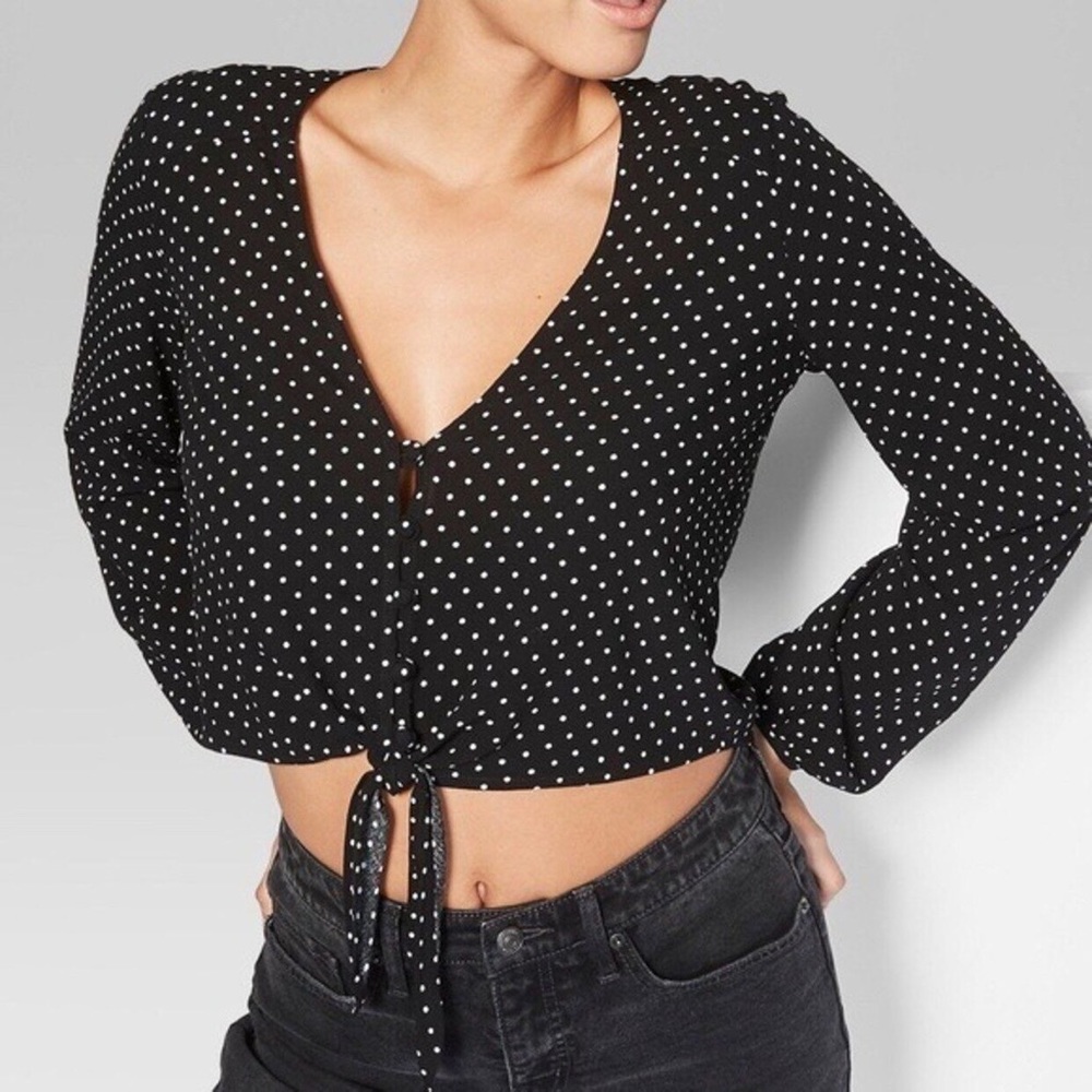 Wild Fable Polka Dot Long Sleeve Front Tie Crop Top